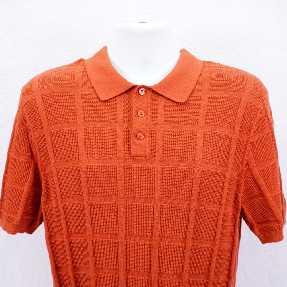 Paul Fredrick -Medium- 100% Cotton Orange Check Polo Shirt Knit Fitted Waist